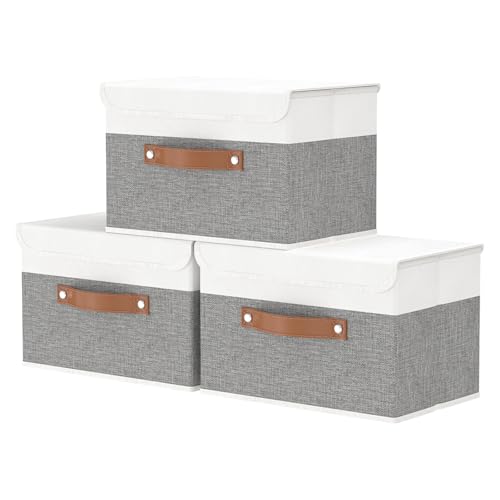 OUTBROS Foldable Storage Boxes, Large Linen Fabric, 15 x 9.8 x 9.8 inch, White/Grey, 3-Pack - color: White/Grey, size: 15x9.8x9.8in(3-pack)