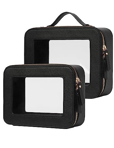 Popvibe Clear Makeup Bag Travel Cosmetic Case Transparent Toiletry Bag with Zipper, Portable Make Up Organizer Traveling Compact Car Bag for Essentials - color: Black, style: Dual Elegance