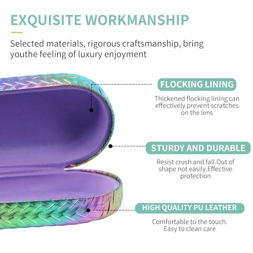 PERFECTSIGHT Sunglasses Case, Large Hard Shell Glasses Case, Cute PU Leather Protective Eyeglasses Case for Women Men - color: Gradient Purple+green