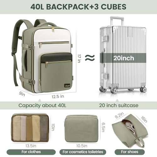 LOVEVOOK Travel Backpack For Women,40L Carry On Backpack Flight Approved,TSA Personal Item Travel Bag Fits 17 Inch Laptop,Weekender Overnight Daypack with Toiletry Bag and Cube,White Light-brown - color: Pink and White, size: 17.3 Inch-40L-4Pcs