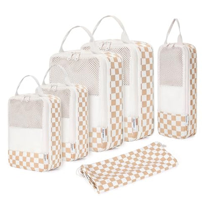 Narwey 6 Set Compression Packing Cubes for Travel Women Men, Travel Cubes for Carry On Suitcase, Durable Compression Luggage Organizer Bags - color: Z-Light Checkerboard