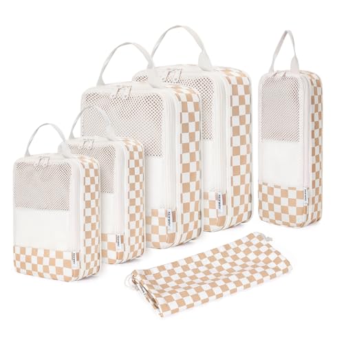 Narwey 6 Set Compression Packing Cubes for Travel Women Men, Travel Cubes for Carry On Suitcase, Durable Compression Luggage Organizer Bags - color: Z-Light Checkerboard