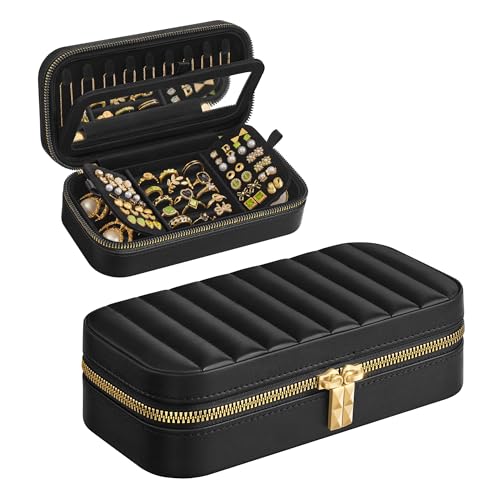 SONGMICS HOME Travel Jewelry Case, Travel Jewelry Box Organizer with Mirror, 4.1 x 8 x 2.4 Inches, Stitching, Portable, Gift Idea, Ink Black UJBC180B01 - color: Ink Black, size: 8"W