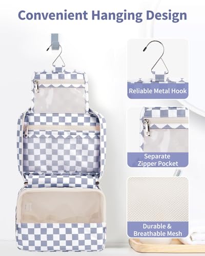 Narwey Small Hanging Travel Toiletry Bag for Women, Travel Bag for Toiletries, Makeup Bag Organizer Cosmetic Bags Make Up Bags for Girls - color: ZA-Grayish Blue Checkerboard