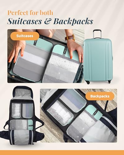 Compression Packing Cubes for Travel by TRIPPED – 6-Piece Premium Set with Laundry & Shoe Bag, Space Saving Travel Organizer Bags for Suitcase & Carry-On Luggage (Dusty Teal Mesh) - color: Dusty Teal Mesh - 6 Piece