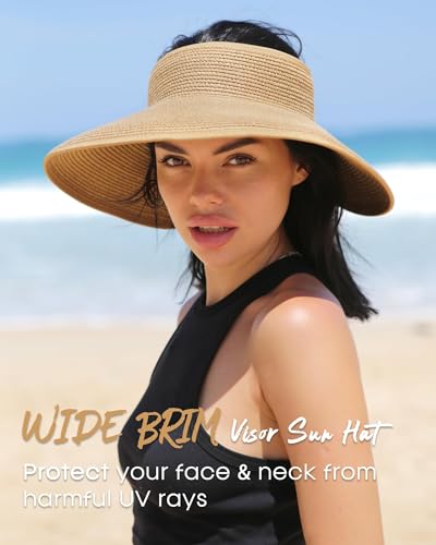 FURTALK Sun Hats for Women Wide Brim Beach Hat Straw Visor Ponytail Summer UV Packable Foldable Beach Vacation Essentials - color: Khaki