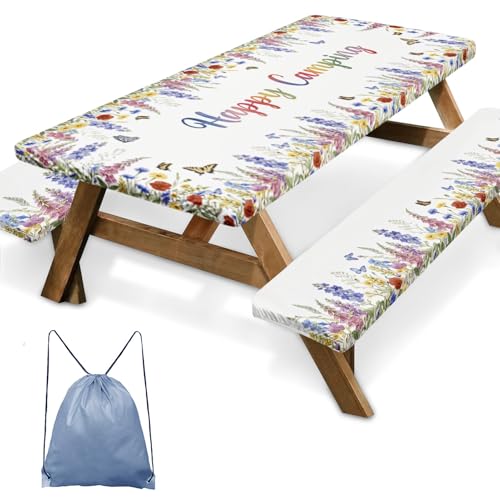 Picnic Table Cover with Bench Covers Elastic Edges, Butterfly Camper Fitted Table Cover, Outdoor Camping Essentials 72 Inch 3PCS, Waterproof Camping Fitted Tablecloth with Drawstring Bag - color: Butterfly, size: 72in