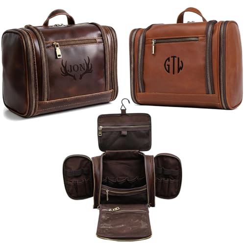 Personalized Leather Toiletry Bag for Men Women, Genuine Leather Toiletries Organizer, Travel Hanging Large Bathroom Shaving Kit, Gift Ideas for Groomsmen, Dad, Husband, Boyfriend, Birthday, Christmas - color: Customize