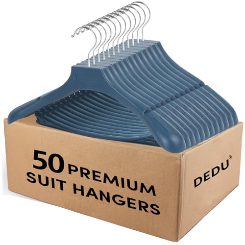 Suit Hangers for Men 50 Pack, Blue Coat Hangers Extra Wide Non Slip Width 17.7", Thick Plastic with Pants Bar & Metal Hook - color: Blue, size: 50 Pack