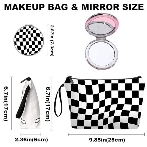 Black Checkered Gifts for Women – Unique Black Plaid Travel Makeup Bag Set with Mirror, Cosmetic Pouch Set for Checkered Lovers & Mom - color: Checkered Black-2S