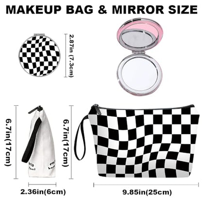 Black Checkered Gifts for Women – Unique Black Plaid Travel Makeup Bag Set with Mirror, Cosmetic Pouch Set for Checkered Lovers & Mom - color: Checkered Black-2S