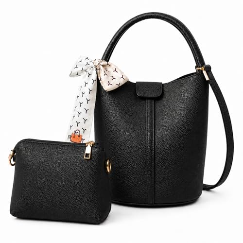 Vegan Leather Bucket Bag for Women Crossbody Bucket Purse with Removable Fashion Bucket Handbag - color: Black
