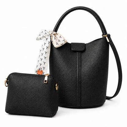 Vegan Leather Bucket Bag for Women Crossbody Bucket Purse with Removable Fashion Bucket Handbag - color: Black