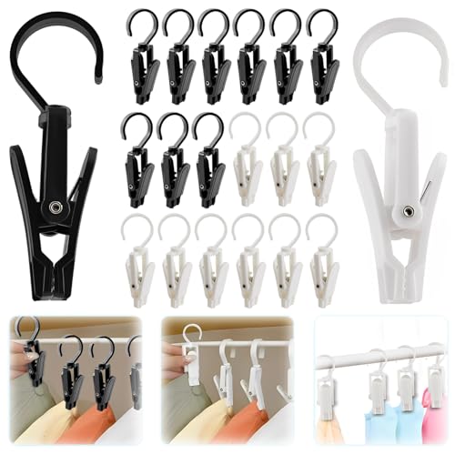 VinBee 20 PCS Laundry Hooks with Clips Super Strong Plastic Home Travel Swivel Hanging Hanger Closet Organizer Clamps Socks Boot Bras Towels for Bathroom Wardrobe Kitchen - 4.3 Inches (Black+White) - color: Black + White