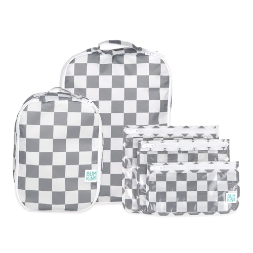Bumkins Packing Cubes and TSA Approved Pouches for Travel Bag, Organize Luggage with Compression Bag, Essential Traveling Accessories to Pack Clothes, Toiletries Carry On Suitcase, 5-pc Gray Check - color: A2 Charcoal Check-set