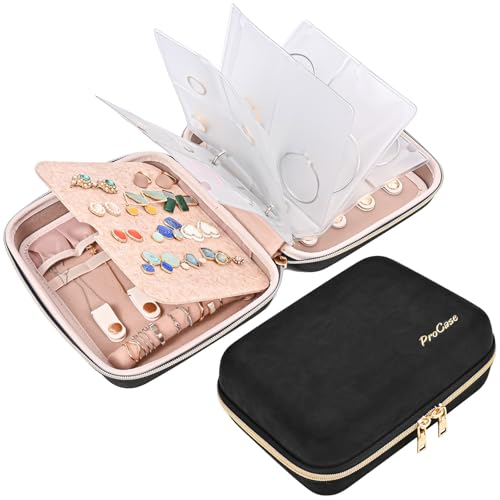 ProCase Medium Travel Jewelry Organizer Case, Jewellery Home Storage Book Ring Binder with Clear Pockets for Presentation, Zippered Pouch Bag for Earrings Necklaces Bracelets -Black - color: Black, size: Medium, Loose-leaf