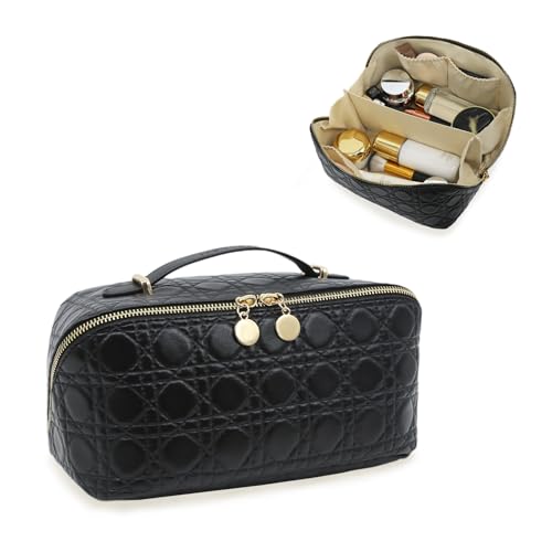 Travel Makeup Bag – Large Cosmetic Organizer with Waterproof PU Leather, Smooth Double Zipper & Tear-Resistant Lining, Toiletry Pouch for Women (Black) - color: 04-Black