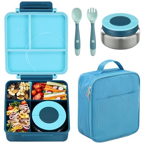 Bento Lunch Box Set for Kids with 8oz Soup Thermo, Leak-Proof Lunch Containers with 4 Compartment, Kids Thermo Hot Food Jar and Insulated Lunch Bag for Kid to School-Blue - color: Blue