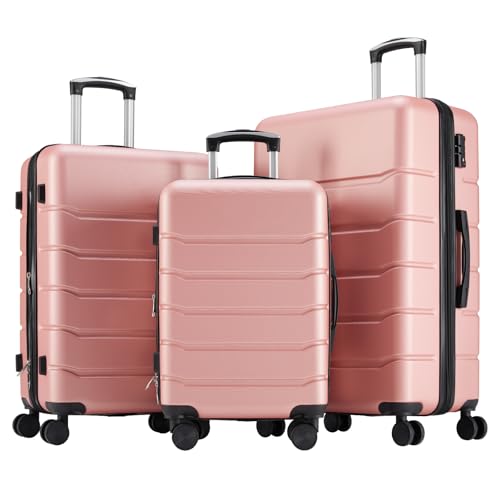Sweetcrispy 3 Piece Luggage Set, Hard Shell ABS Travel Suitcase with Silent Spinner Wheels, TSA Combination Lock, Lightweight Rolling Suitcases for Business Trip Vacation, Pink, 20/24/28 Inch - color: Pink, size: 3-PCS Set (20/24/28 Inch)