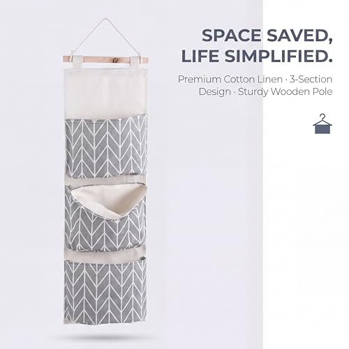 Wall Hanging Storage Bag, 3 Pockets Over The Door Closet Organizer, Cotton Linen Closet Organizer Door Pouch Bedroom Home Office Organizer (Gray)