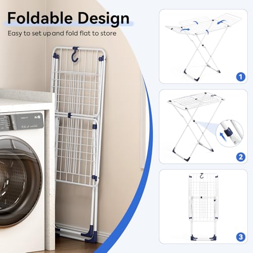APEXCHASER Clothes Drying Rack, Metal Drying Rack Clothing, Laundry Rack Foldable, Space-Saving, Free-Standing Airer with 4 Gullwings, Indoor Outdoor Use, 55.12"*37.8"*17.52", White