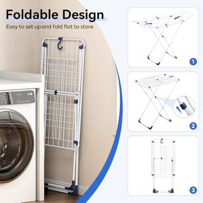 APEXCHASER Clothes Drying Rack, Metal Drying Rack Clothing, Laundry Rack Foldable, Space-Saving, Free-Standing Airer with 4 Gullwings, Indoor Outdoor Use, 55.12"*37.8"*17.52", White