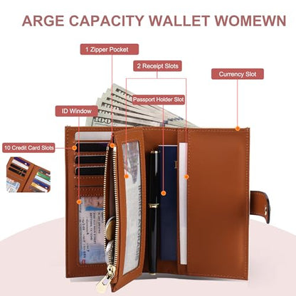 yiijay Women's Wallets RFID Blocking Leather Trifold Clutch Wallet Credit Card Holder Ladies Travel Wallet Purse with Pen Holder - color: 1Beige&Brown