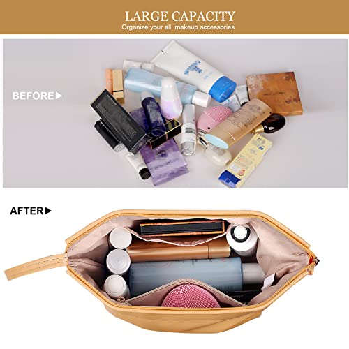 Abiudeng Large Capacity Makeup Bag Ladies Cosmetic Bag Travel Bag with Compartments Portable PU Leather Travel Makeup Bag with Handle - color: Yellow