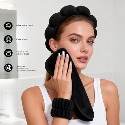 Real Perfection Spa Headband for Washing Face, Skincare Headband Wristband Set for Facial Mask Skin Care, Makeup Remover Towel Cloth Small Spray Bottle with Travel Makeup Bag Gifts for Women - Black - color: Black