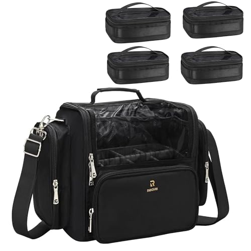 NAONAYA Makeup Brush Bag Extra Large Makeup Brush Case with 4 small bags Professional Makeup Artist Brush Holder Stand Up Organizer for Travel with Adjustable Dividers and Shoulder Strap - color: Black with 4 Makeup Bags