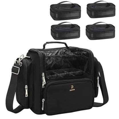 NAONAYA Makeup Brush Bag Extra Large Makeup Brush Case with 4 small bags Professional Makeup Artist Brush Holder Stand Up Organizer for Travel with Adjustable Dividers and Shoulder Strap - color: Black with 4 Makeup Bags