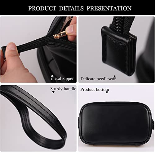 Abiudeng Large Capacity Makeup Bag Ladies Cosmetic Bag Travel Bag with Compartments Portable PU Leather Travel Makeup Bag with Handle - color: Black