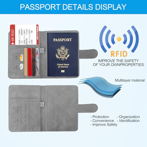 Passport Holders, RFID Blocking Credit Card Holder, PU Leather Vaccine Card Holders for Travel with Magnetic Buckle, Travel Must Haves Cruise Ship Essentials for Men, Women (Grey) - color: Grey