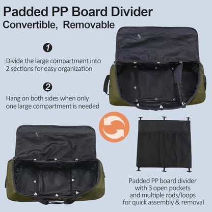 Bagenerous 110L/140L Expandable Soft-Sided Foldable Duffle Bag with 2 Rubber Wheels,Packable 32” Rolling Carry-On with Multi-Pockets & Compartments,Army Green - color: Army Green