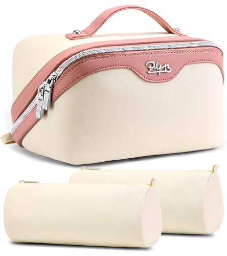 BOYATU Travel Makeup Bag Organizer Cosmetic Bag: 3 Pcs Set Make up Bags for Women with Handle - Waterproof Vegan Leather Toiletry Bags Travel Essentials Pouch with Compartments (A-08-White) - color: 02-D-White
