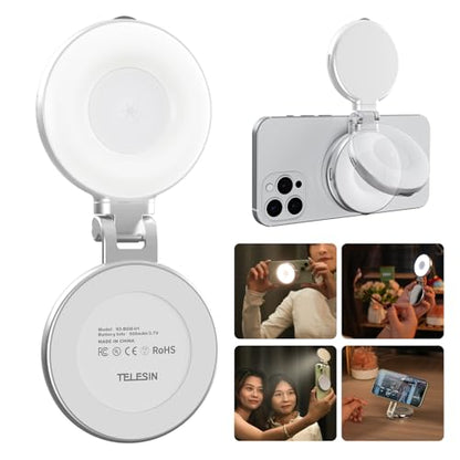TELESIN C03 Magnetic Selfie Light, Phone Light Compatible with iPhone Magsafe, CRI97 360° LED Selfie Ring Fill Light with Mirror for Selfies/Photography/TikTok/Zoom Calls/Video Conference - color: Silver