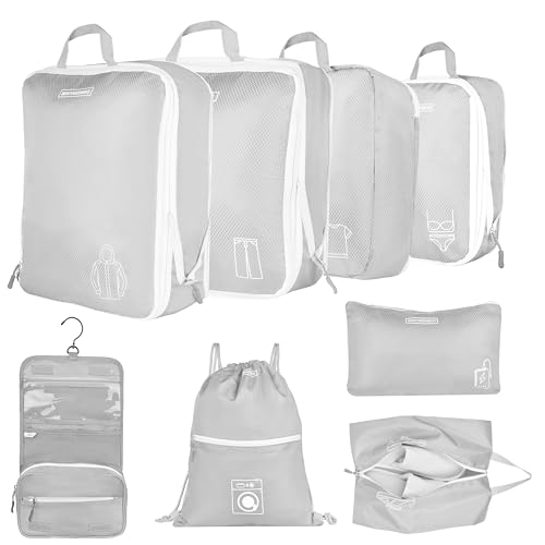 8 Set Expandable Compression Packing Cubes for Suitcases Travel Essentials Carry On Waterproof Storage Bag With Dry And Wet Separation Silvery - color: Silvery