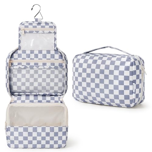 Narwey Small Hanging Travel Toiletry Bag for Women, Travel Bag for Toiletries, Makeup Bag Organizer Cosmetic Bags Make Up Bags for Girls - color: ZA-Grayish Blue Checkerboard