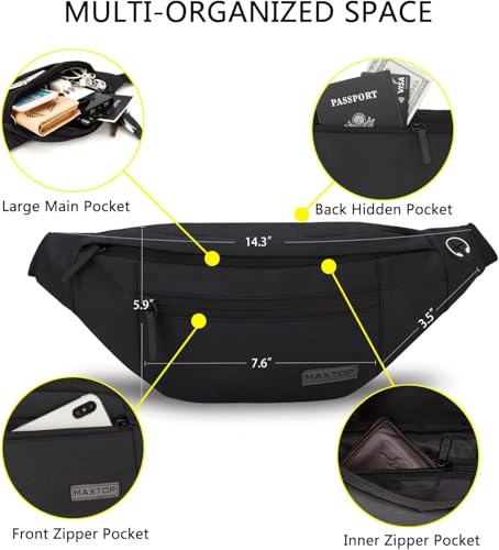 MAXTOP Large Crossbody Fanny Pack with 4-Zipper Pockets,Gifts for Enjoy Sports Festival Workout Traveling Running Casual Hands-Free Wallets Waist Pack Phone Bag Carrying All Phones - color: Black(4 Zipper Pockets), style: Large Fanny Pack(4 Zipper Pockets