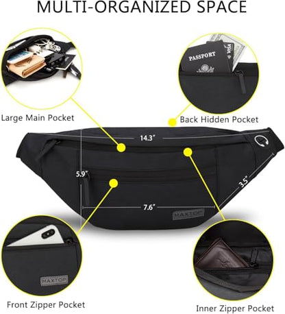 MAXTOP Large Crossbody Fanny Pack with 4-Zipper Pockets,Gifts for Enjoy Sports Festival Workout Traveling Running Casual Hands-Free Wallets Waist Pack Phone Bag Carrying All Phones - color: Black(4 Zipper Pockets), style: Large Fanny Pack(4 Zipper Pockets