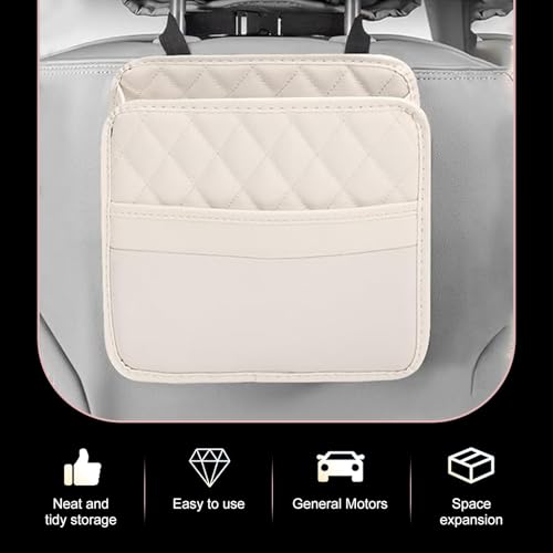 Car Seat Back Organizer, PU Leather Auto Hanging Storage Pocket, Multipurpose Upgrade Waterproof Back Seat Organizer, Travel Essential Accessory, Universal for Most Cars (Beige)