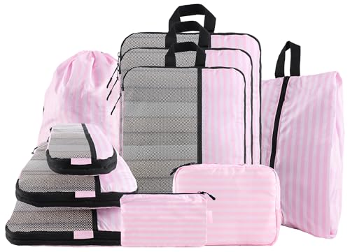 U+U 10 Set Compression Packing Cubes - Ultralight Pink Stripe Travel Organizers with Laundry Bag, Space-Saving Suitcase Organizer, Expandable Packing Cubes for Travel and Family Vacation (Pink Stripe) - color: Pink Stripe, size: 10 Set
