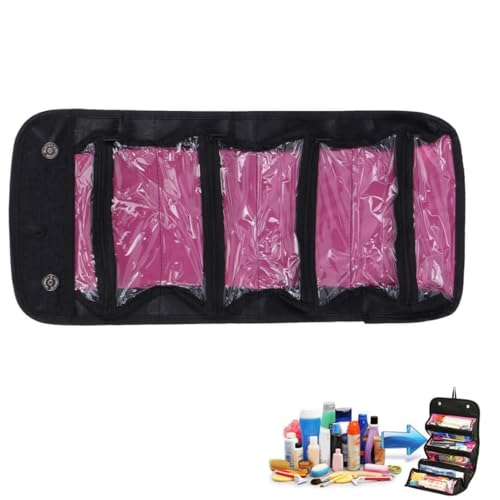 2PCS Rolling up Makeup Bag, 4 Layer Cosmetic Case Foldable Toiletry Storage Bag Makeup Storage Organizer with Hanging Hook for Travel 19.7in (Black) - color: Black