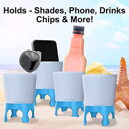 Bahoki Essentials Beach Drink Cup Holder - Sand Coaster for Beverage Bottle and Glass - Perfect to Hold Drinks, Snack, Phone, Key or Sunglasses (Blue, 4 Pack) - color: Blue