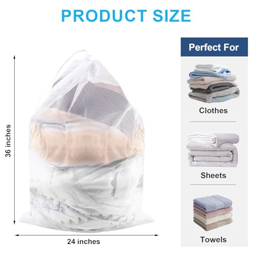 2 Pack Large Mesh Laundry Bags, 24" x 36" Heavy Duty Strong Drawstring Dirty Clothes Bags with Soft Breathable Net, Machine Washable Laundry Bag for College, Dorm, Camp, Travel and Family Use(White) - color: White