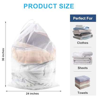 2 Pack Large Mesh Laundry Bags, 24" x 36" Heavy Duty Strong Drawstring Dirty Clothes Bags with Soft Breathable Net, Machine Washable Laundry Bag for College, Dorm, Camp, Travel and Family Use(White) - color: White