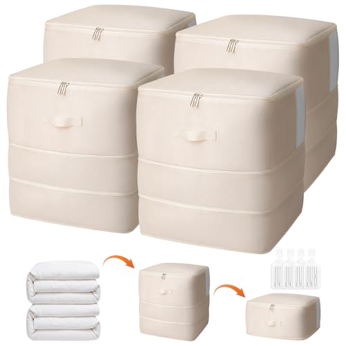 4 Pack Comforter Storage Bag, 136L Blanket Storage Bags Self Compression Comforter Organizer and Storages, Space Saving Washable Compression Bags for Blanket Bedding Pillow Duvet Quilt, Beige - color: Beige, size: 136L x 4