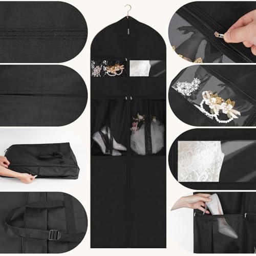 Wedding Dress Garment Bag,72" Tri-Fold Bridal Gown Bag with 6 Pouches and Adjustable Buckle Gown Cover for Wedding/Prom/Travel/Closet Storage (Black) - color: Black