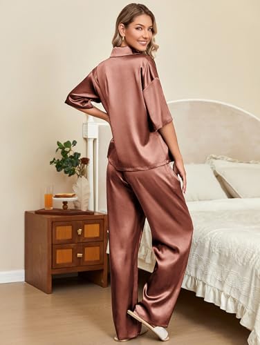 Ekouaer Silk Satin Pajamas Set Women Short Sleeve Pj Sets Button Down Sleepwear 2 Piece Soft Loungewear S-XXL - color: Caramel, size: Small