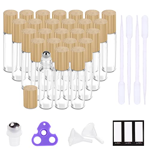 PrettyCare Essential Oil Roller Bottles 10ml (24 Pack Clear Glass Bottle with Bamboo Lid, 4 Extra Roller Balls，48 Labels, 2 Openers, 2 Funnels, 4 Droppers, Roller Balls For Essential Oils - color: Clear with Wooden Cap, size: 24 Pack